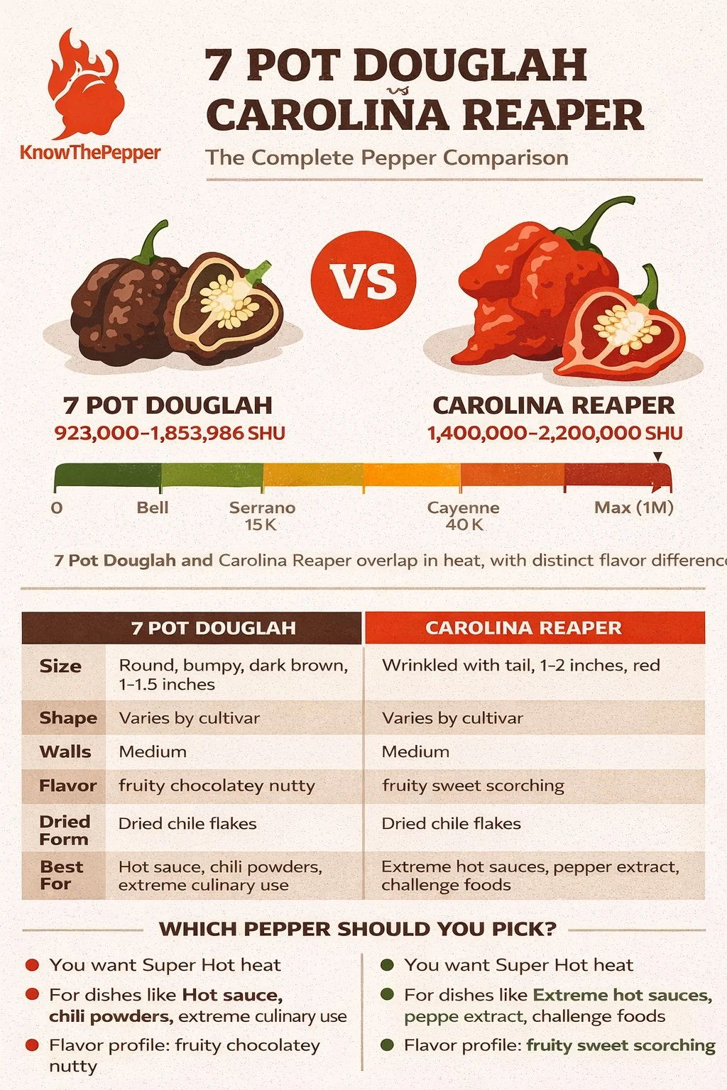 7 Pot Douglah and Carolina Reaper comparison