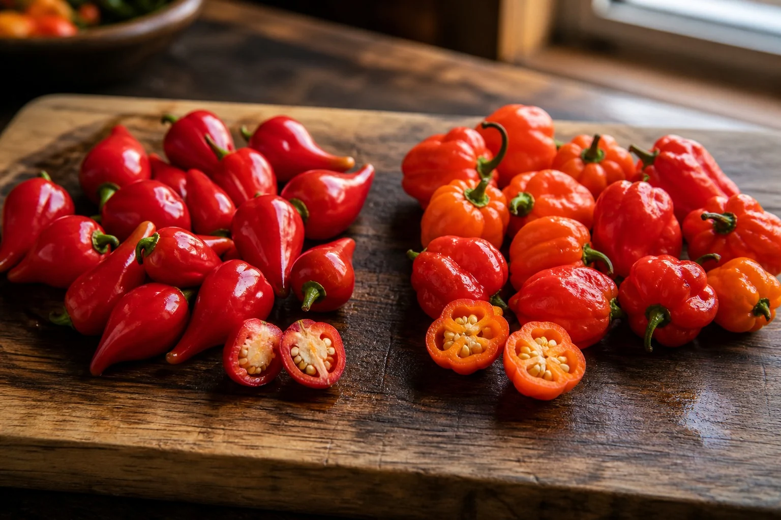 Biquinho peppers and Aji Dulce peppers side by side on a wooden board, with one cut open from each variety