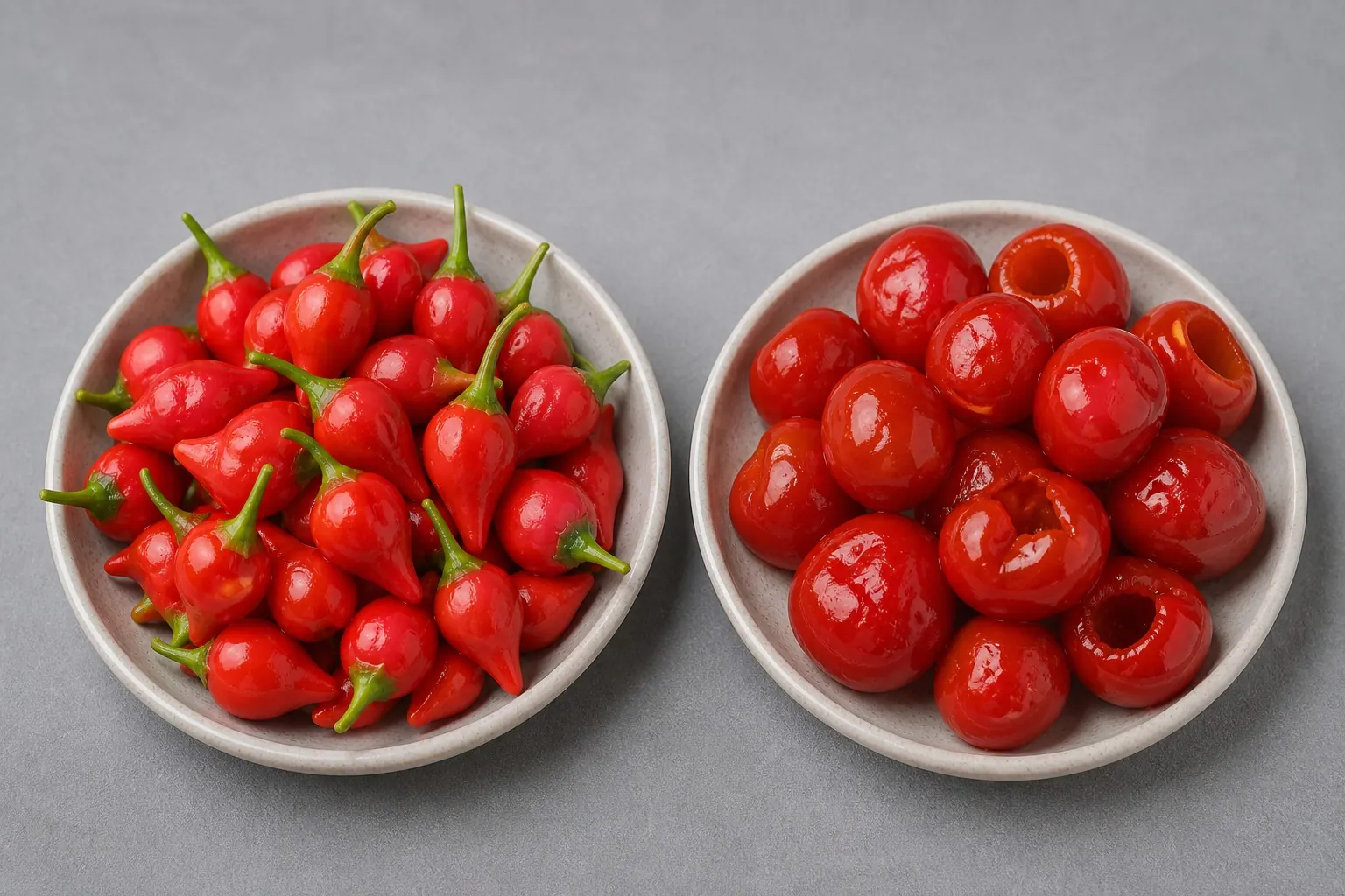 Biquinho and Peppadew side by side for a heat and flavor comparison