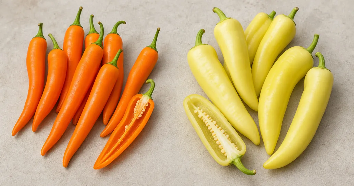 Bulgarian Carrot Pepper and Hungarian Wax Pepper side by side for a heat and flavor comparison