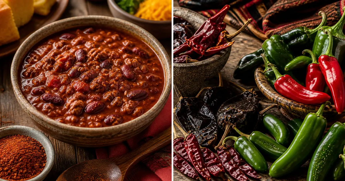 Chili stew and several chile pepper forms shown side by side