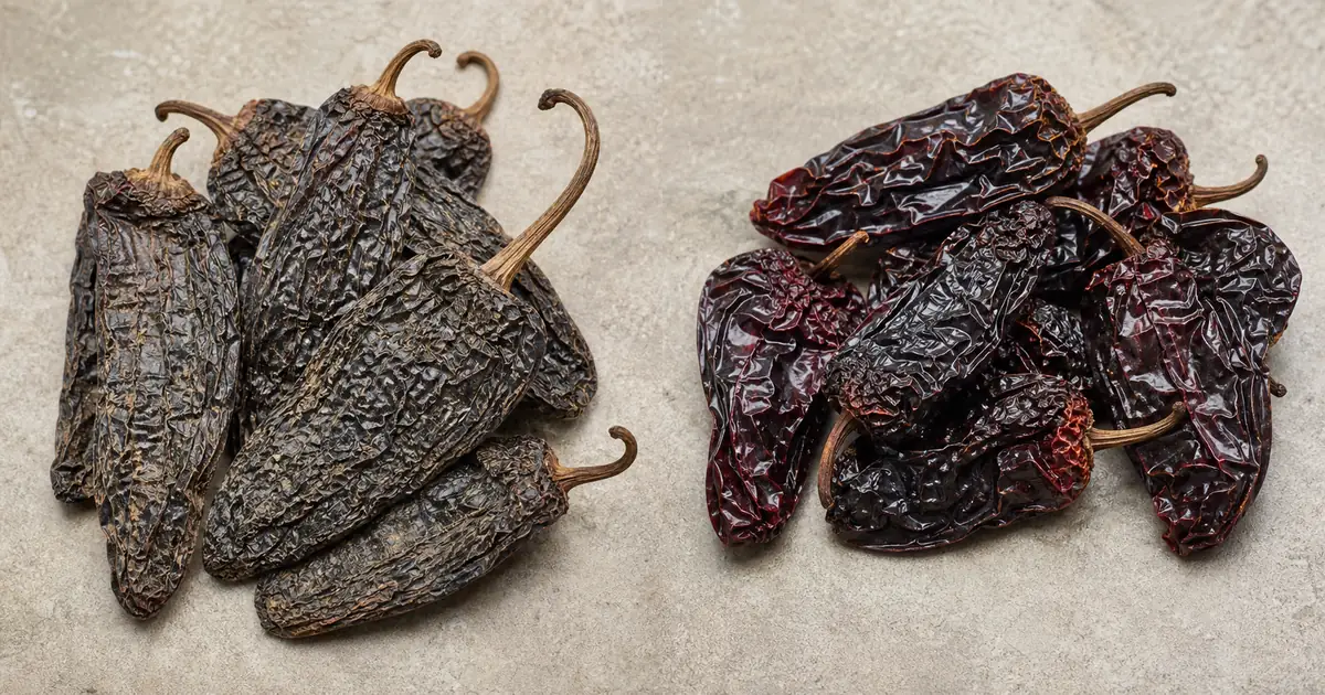 Dry tan chipotle meco pods beside dark red morita chipotles
