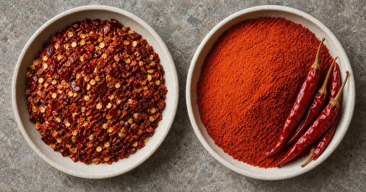Coarse red pepper flakes beside fine cayenne powder