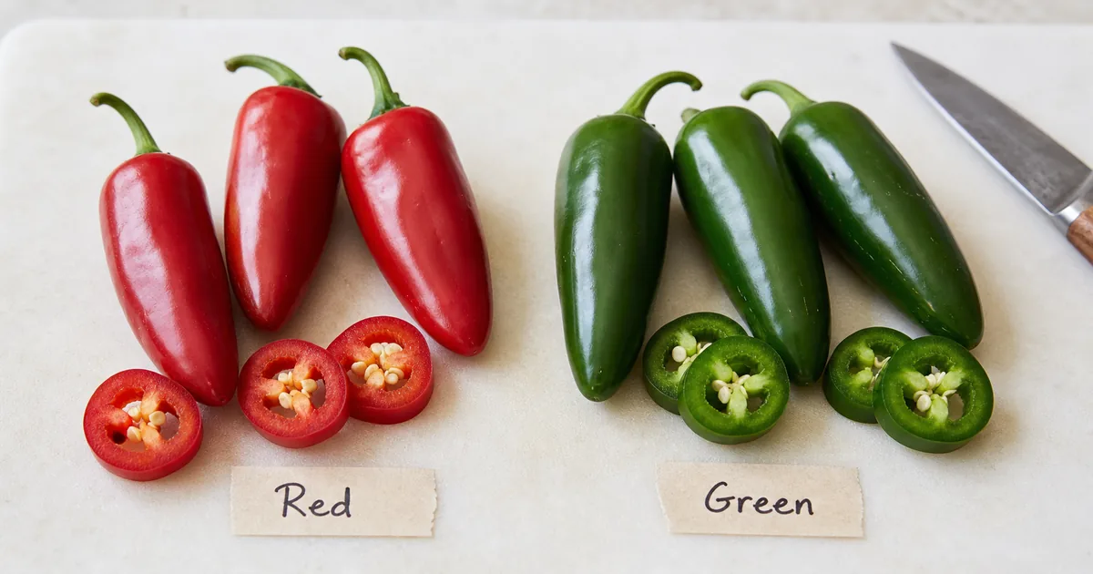 Red and green jalapenos side by side with sliced cross sections on a cutting board