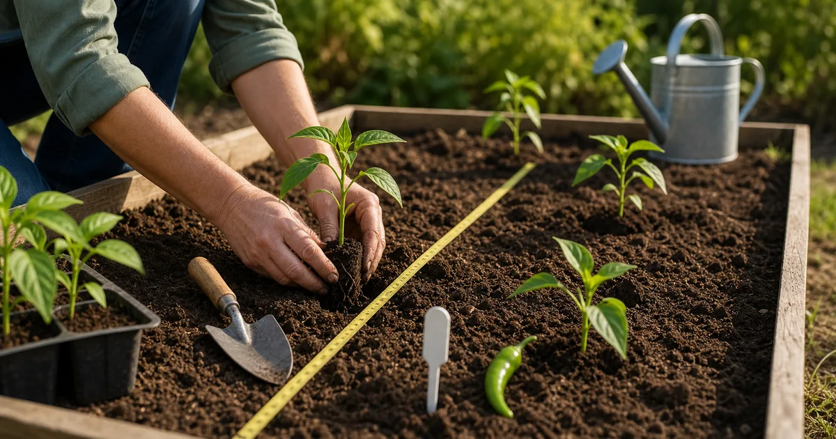 Anaheim pepper seedling being planted with spacing tape in a raised bed