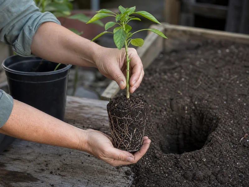 Anaheim pepper seedling with intact root ball held above a prepared planting hole