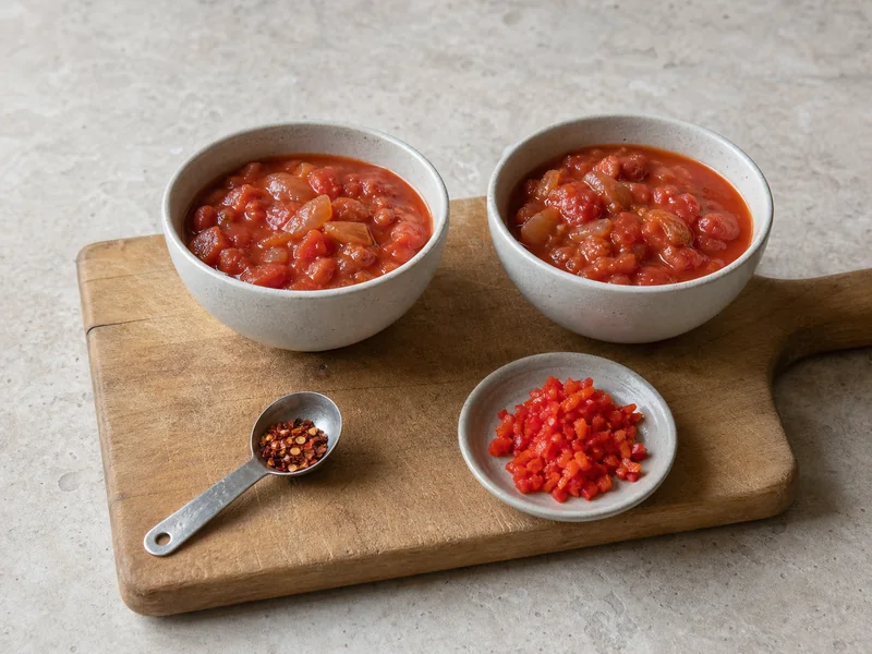 Two bowls of tomato stew with measured dried chile flakes and chopped fresh pepper
