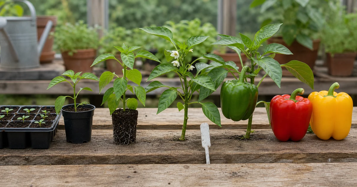 Bell pepper plants arranged from seedling tray to ripe colored fruit
