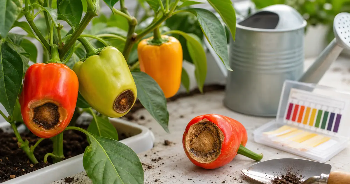 Pepper fruit with blossom end rot beside soil test strips and watering can