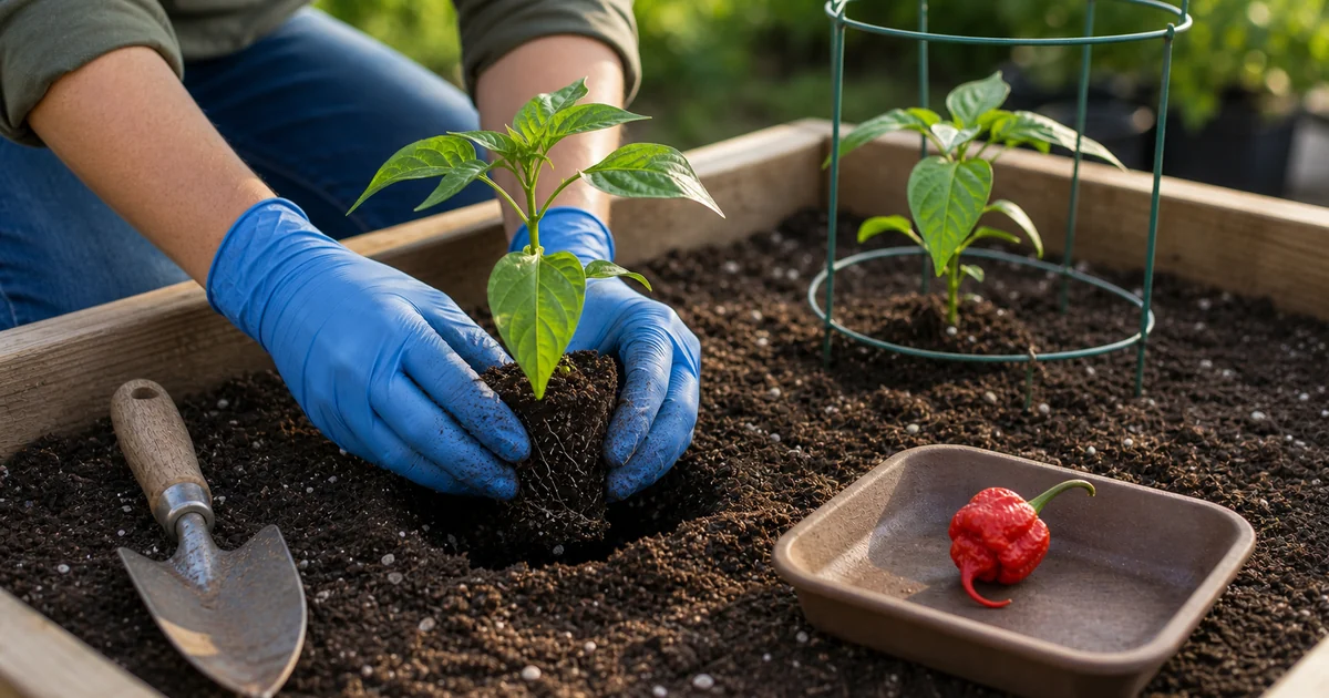 Gloved hands planting a Carolina Reaper seedling with a red superhot pod nearby