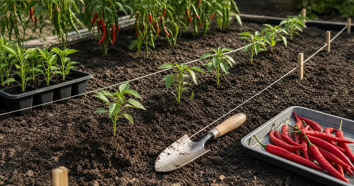 Cayenne pepper seedlings planted in rows with red cayenne pods on a tray