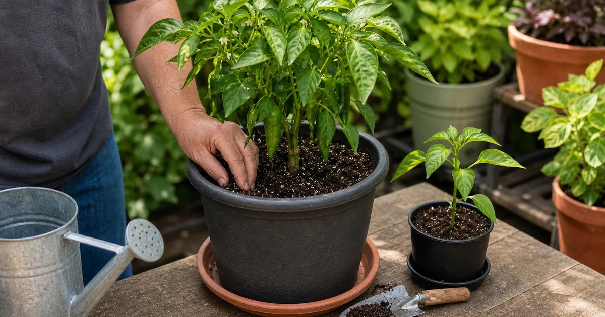 Pepper plants growing in containers with potting mix, saucer, and watering can