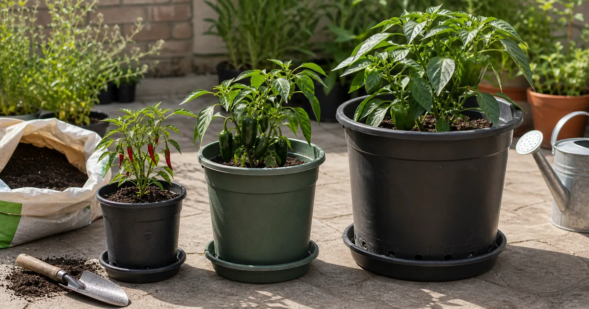 Pepper seedlings and mature pepper plants shown in different container sizes on a patio bench
