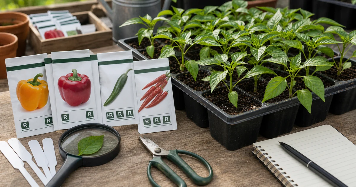 Pepper seed packets with disease-resistance code notes beside healthy pepper seedlings