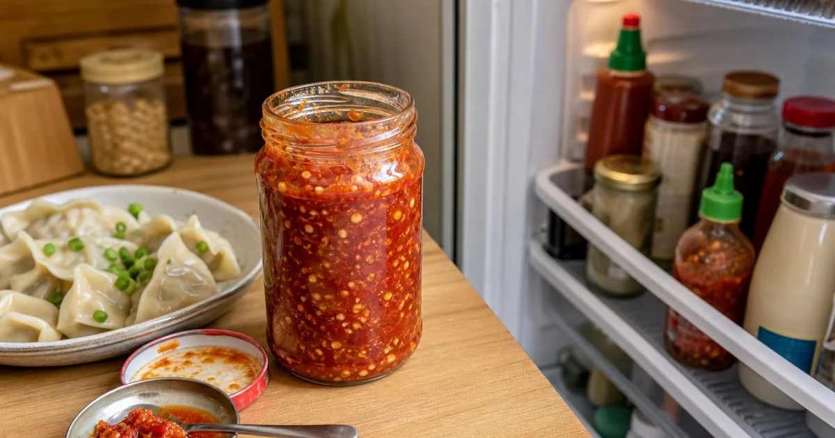 Opened chili garlic sauce jar shown between pantry and refrigerator storage