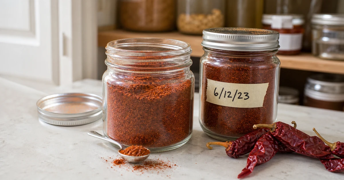 Open jars of chili powder with a date label and dried chiles on a kitchen counter