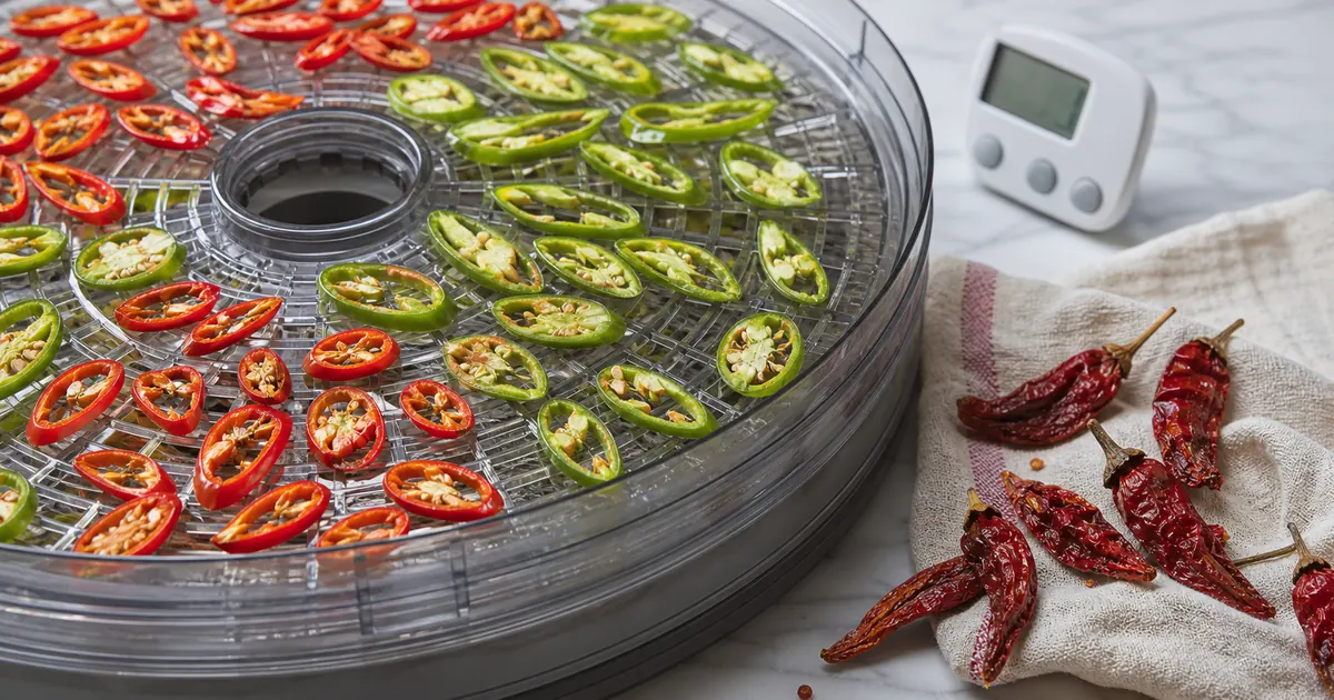 Sliced red and green chile peppers drying on a dehydrator tray with dried pods nearby