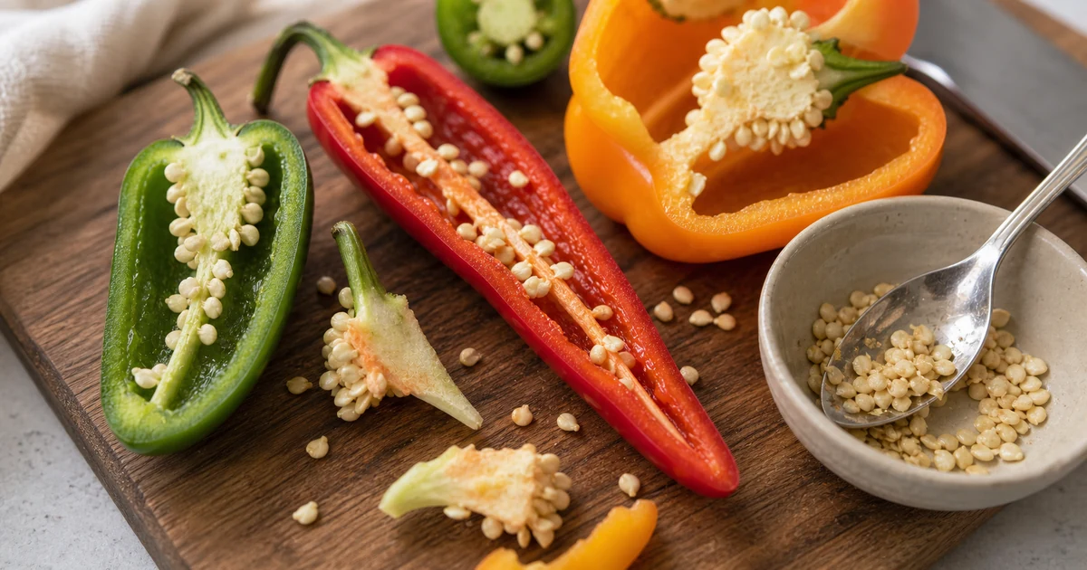 Halved peppers with visible seeds and inner ribs beside a small bowl of scraped seeds