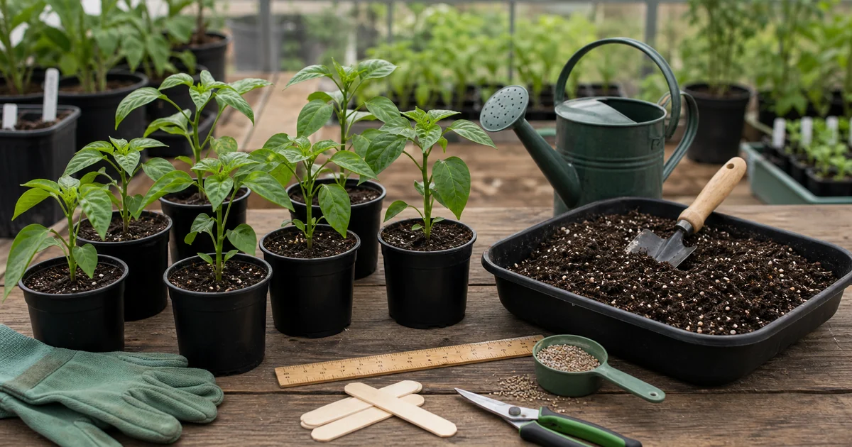 Pepper seedlings, potting mix, labels, trowel, ruler, and watering can on a wooden garden bench