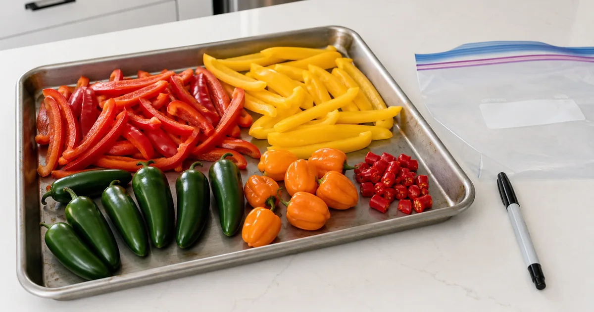Sliced bell peppers on a sheet pan with whole chillies, freezer bags, containers, and ice nearby