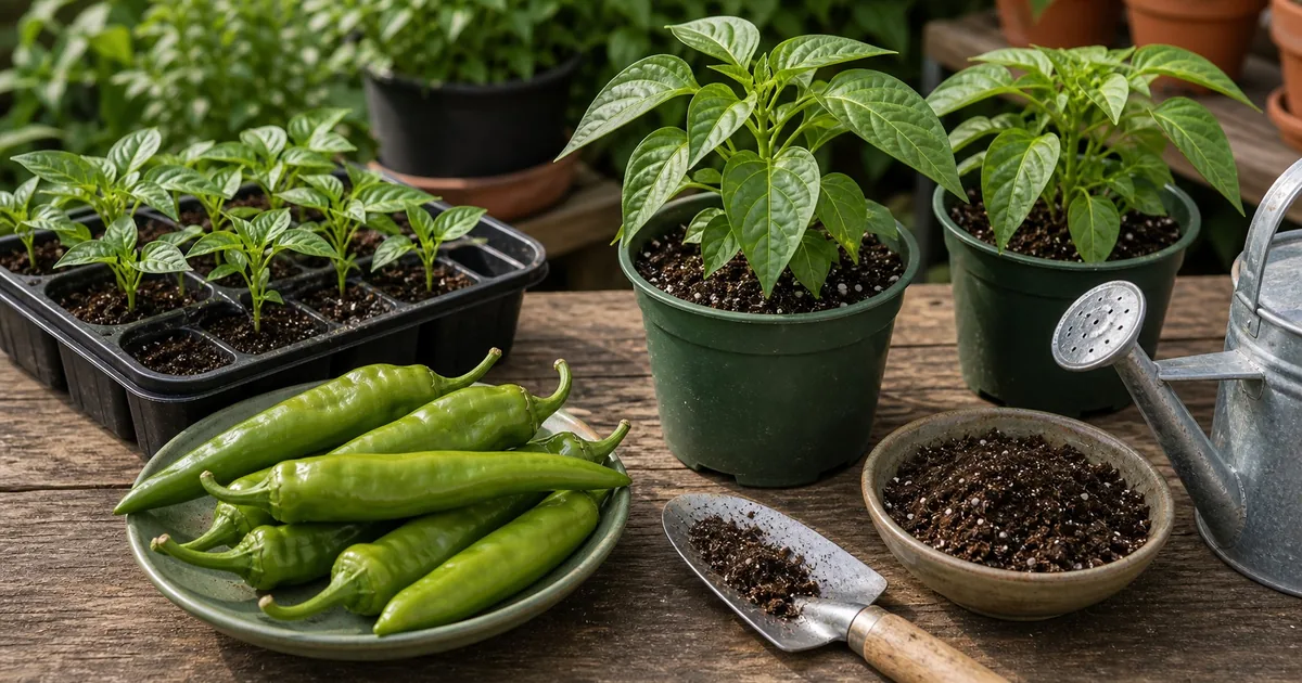 Hatch chile seedlings with long green pods, potting mix, trowel, and watering can