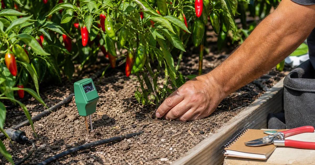 Hot pepper plants with dry soil, drip line, moisture meter, compost scoop, and red-orange pods