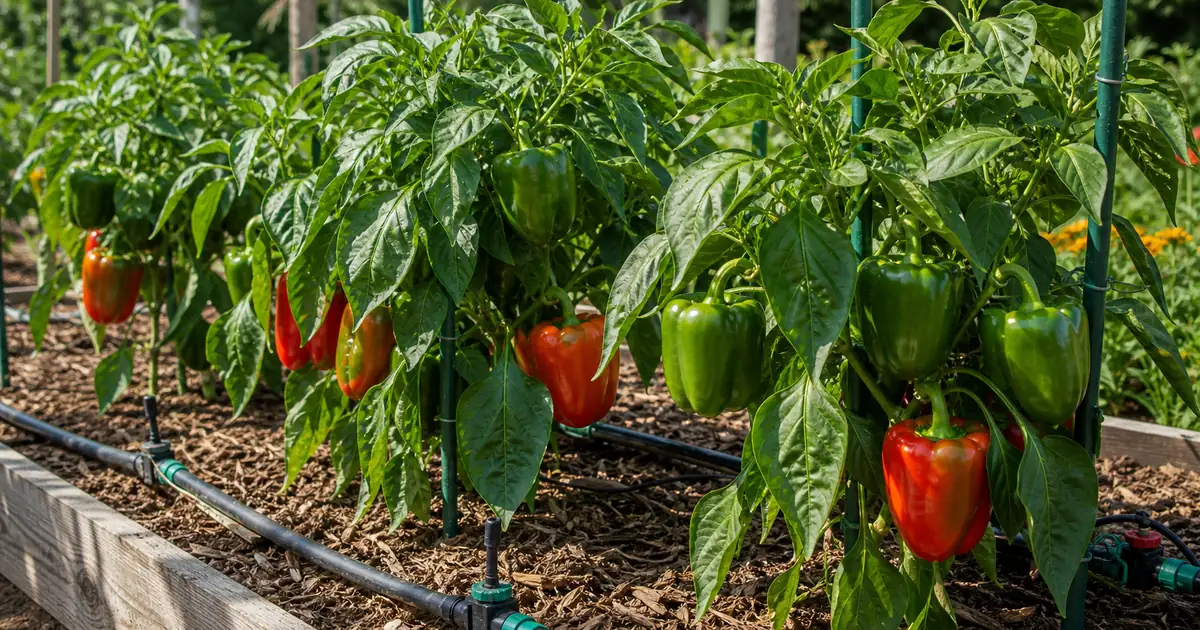 Bell pepper plants in a raised bed with mulch, spacing markers, drip line, compost scoop, and trowel