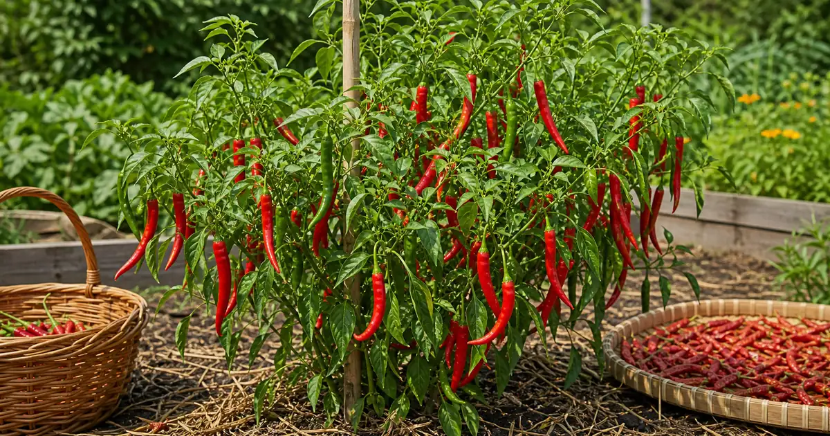 Cayenne pepper plant with long red pods, harvest basket, moisture meter, gloves, and pruning shears