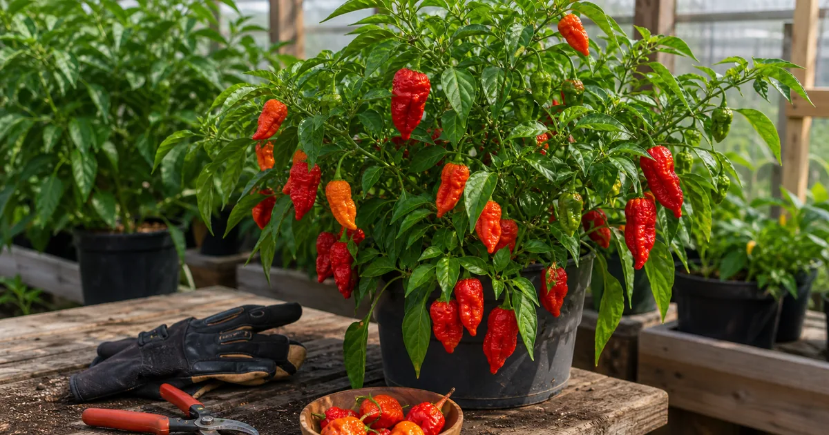 Ghost pepper plant with wrinkled orange-red pods, gloves, harvest tray, pots, potting mix, and plant ties