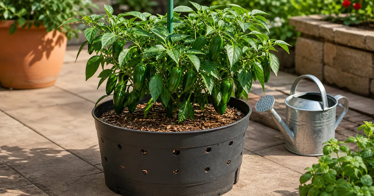 Jalapeno plant in a fabric pot with potting mix, scoop, watering can, saucer, and green jalapenos