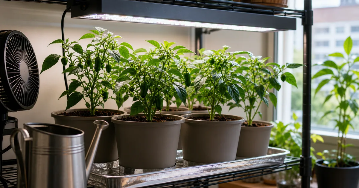 Compact pepper plants growing indoors under a grow light
