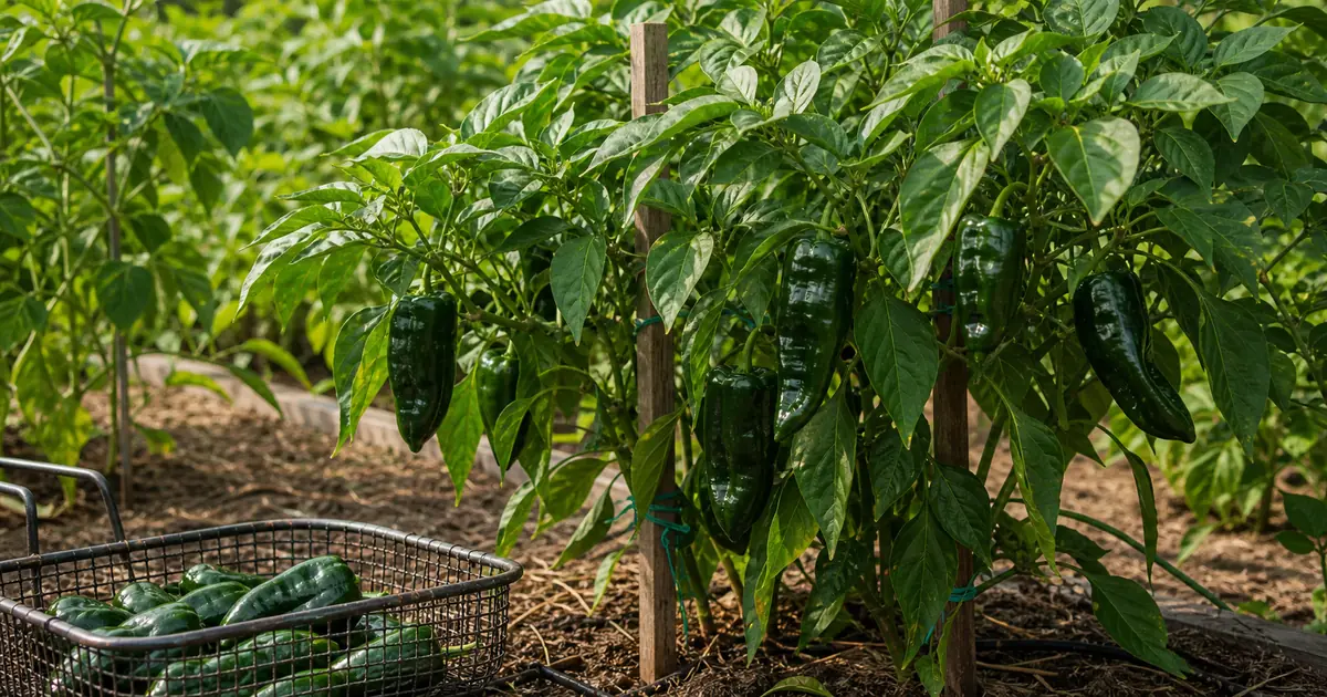 Poblano pepper plant with broad dark green pods, stake support, and compost topdress