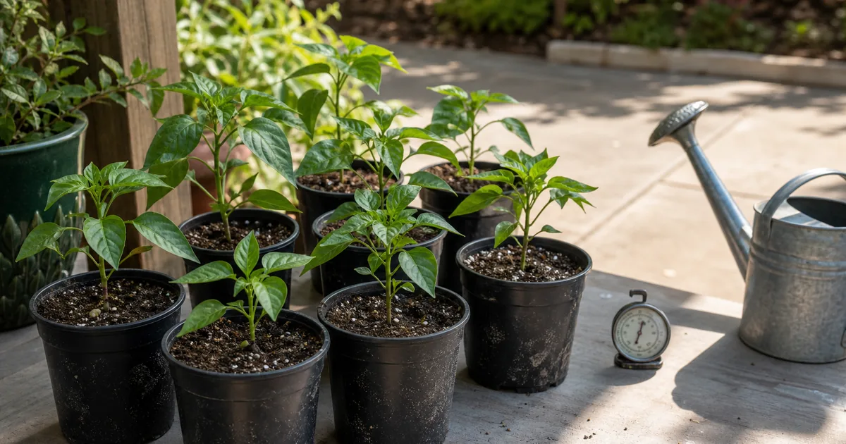 Pepper seedlings in pots hardening off in bright shade beside a thermometer and watering can