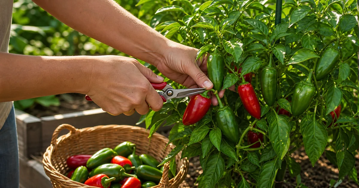 Green and red jalapenos on a plant with clippers cutting a stem