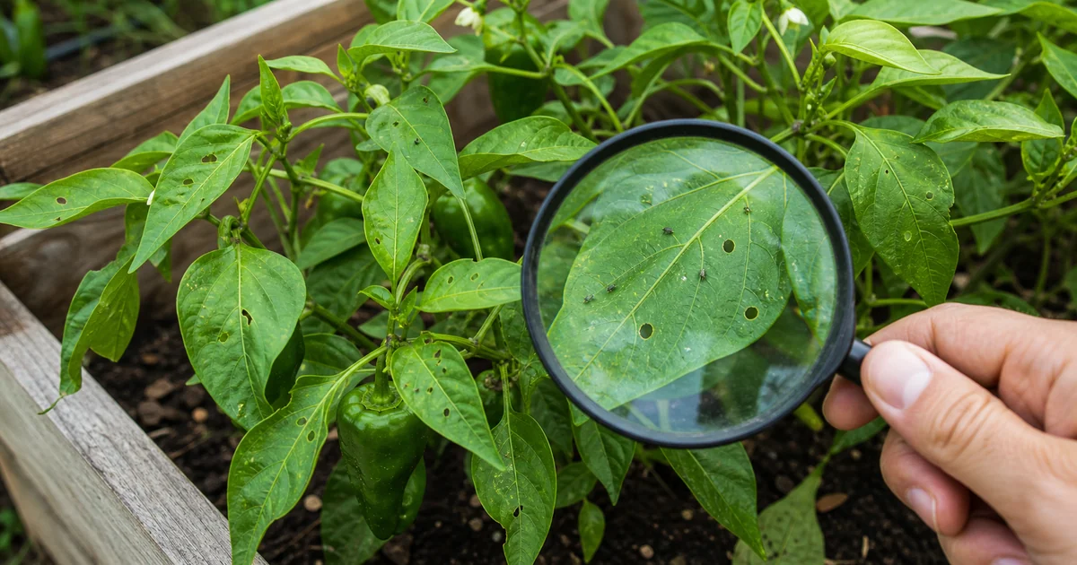 Pepper leaves with small holes beside a hand lens and yellow sticky card