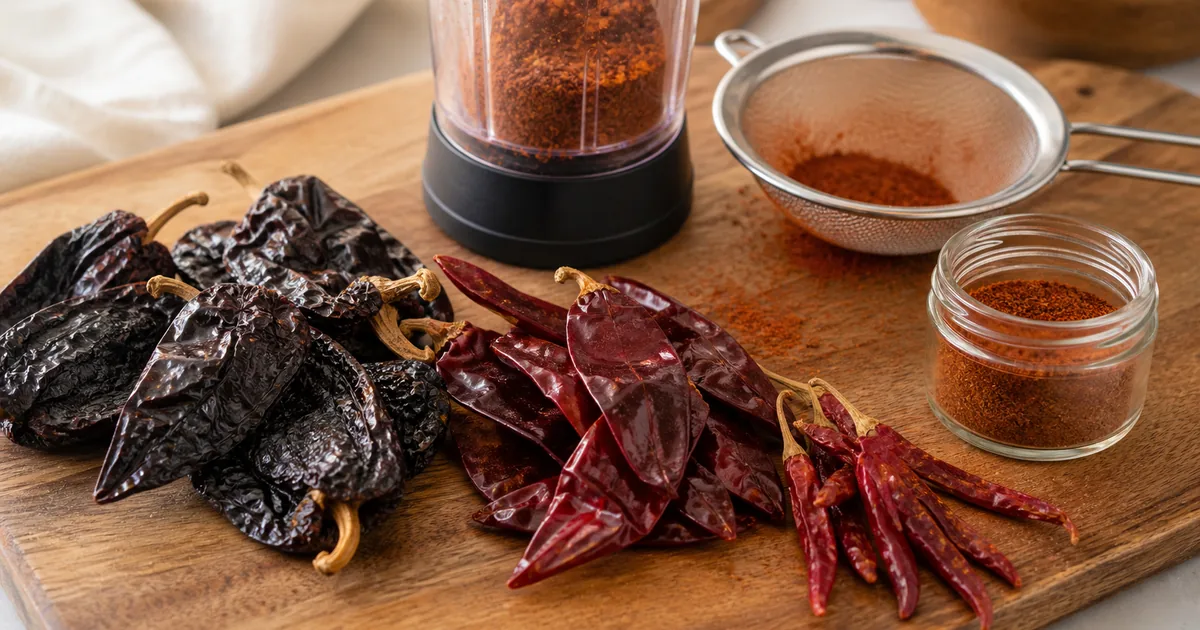 Dried chiles, spice grinder, sieve, and a jar of homemade chili powder