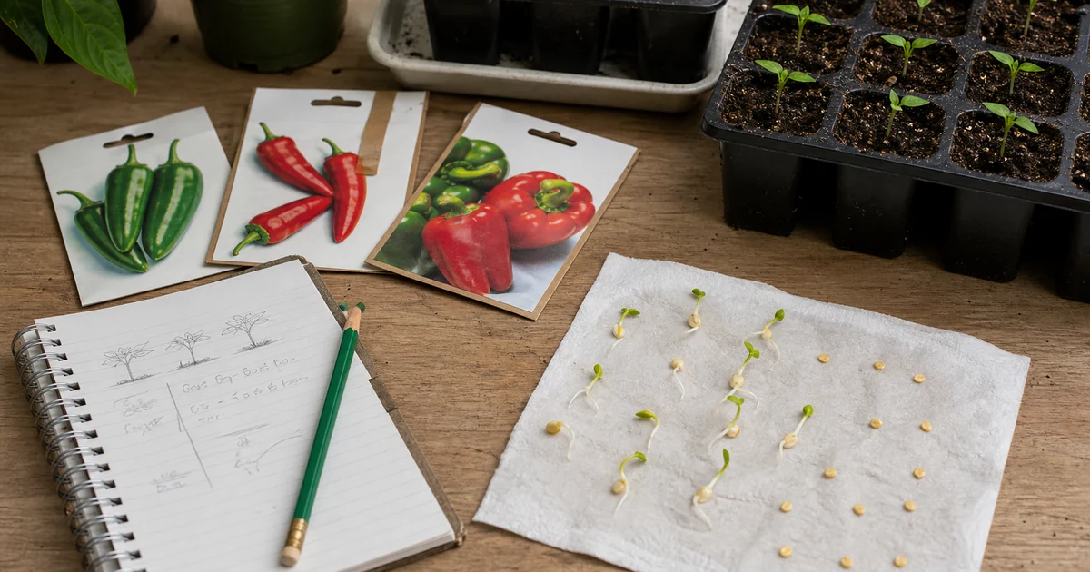 Pepper seeds in paper packets beside a glass jar and germination test towel