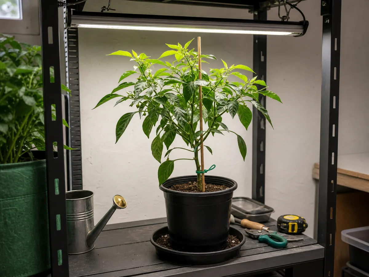 Pepper plant under a grow light with room above the canopy
