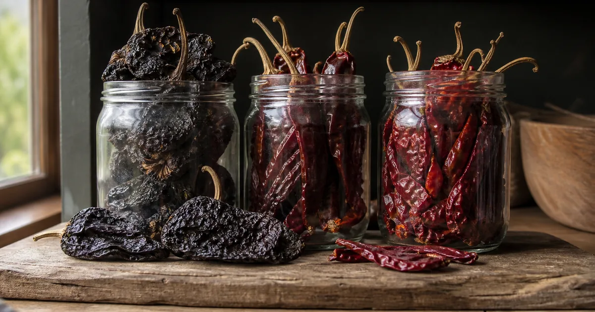 Whole dried chiles stored in labeled glass jars on a dark pantry shelf