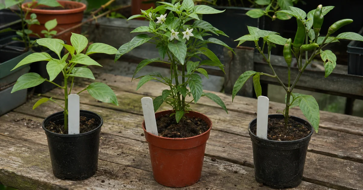Pepper plants with leaf, flower, and pod traits arranged for identification