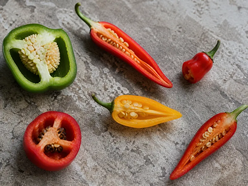 Cut pepper pods showing pod shape, wall thickness, seed cavities, and dark seeds