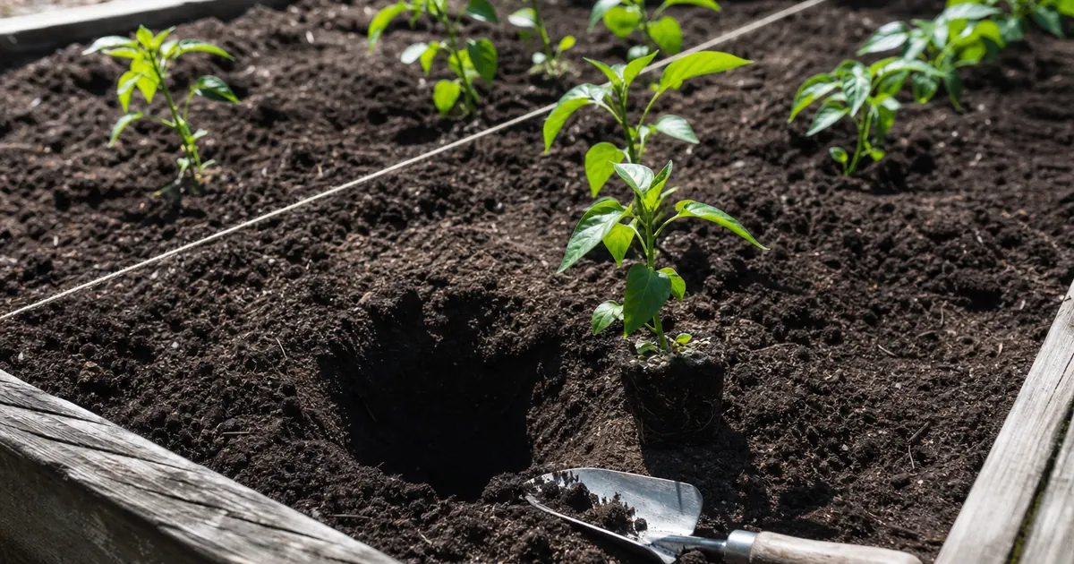 Jalapeno transplant beside a planting hole in a raised bed with spacing string and trowel
