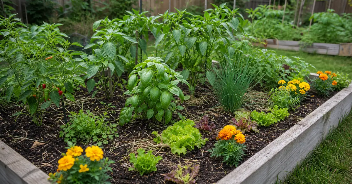 Pepper plants growing with basil, chives, lettuce, and marigolds in a raised bed