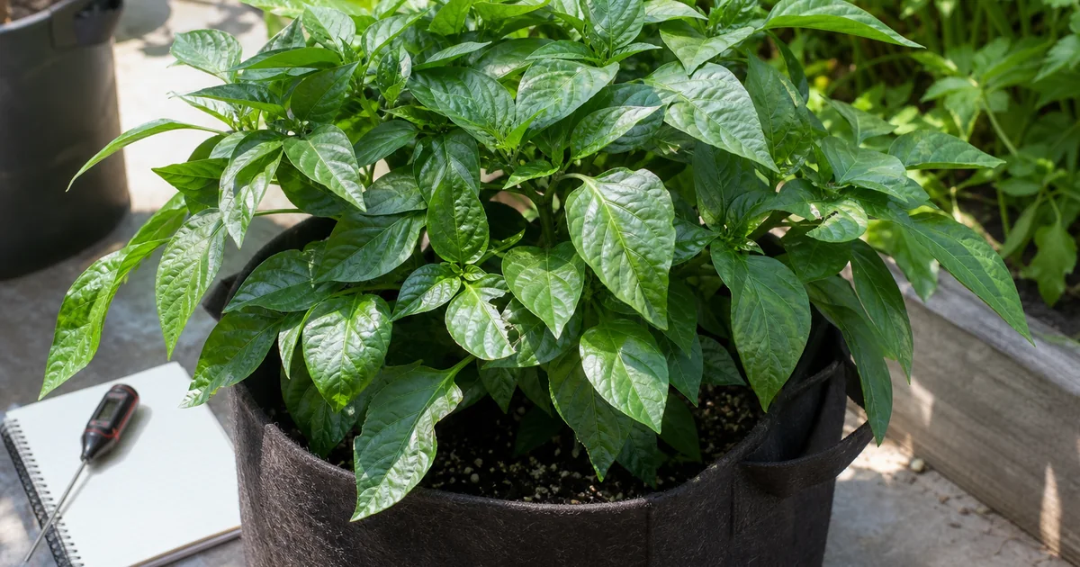 Leafy pepper plant in a fabric grow bag with no visible flowers