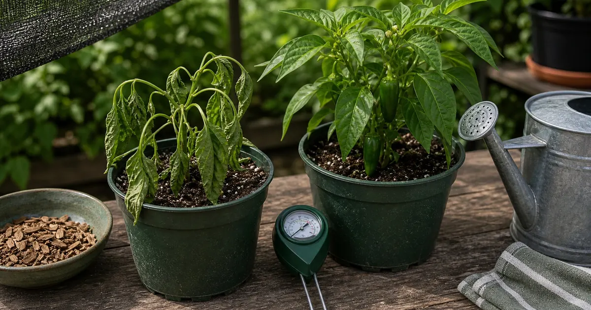 Wilting pepper plant beside healthy plant, soil moisture meter, watering can, and shade