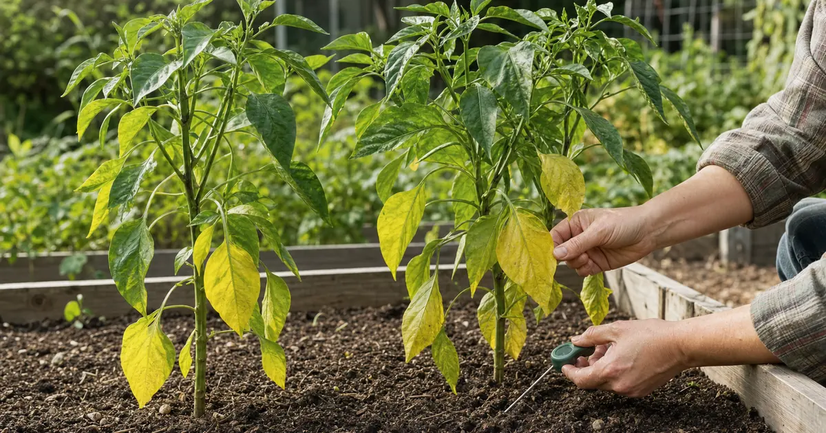 Pepper plants with yellow lower leaves being checked for soil moisture in a raised bed