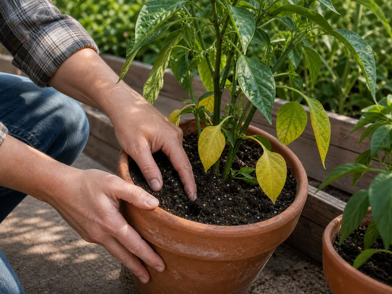 Container pepper with yellow lower leaves being checked for damp soil