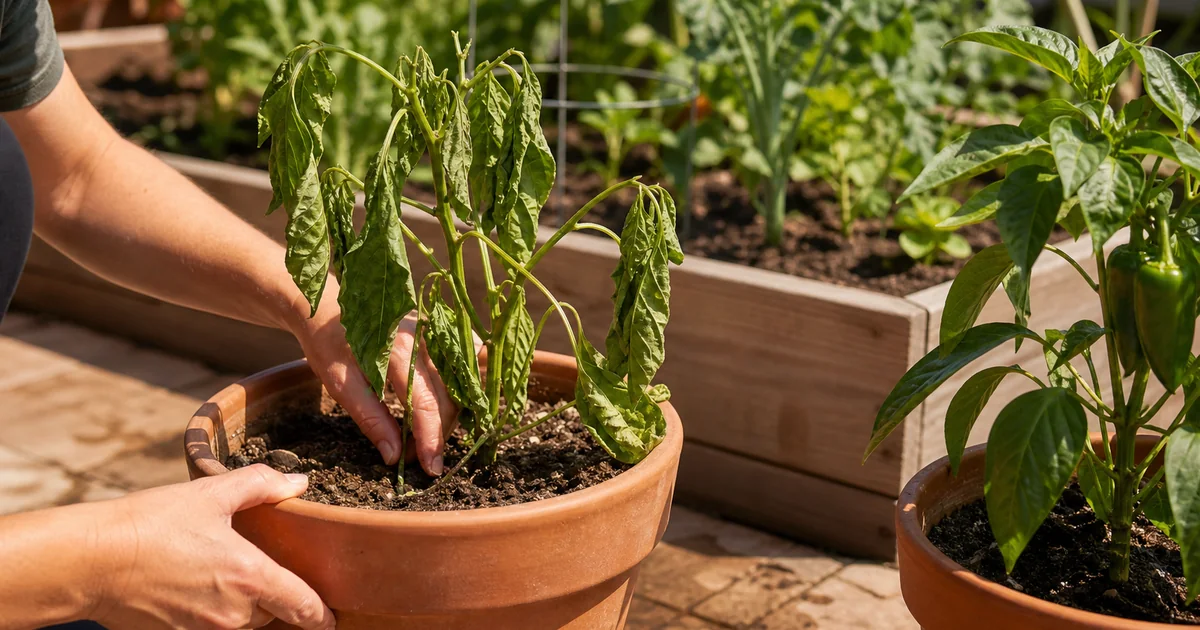 Wilting pepper plant in a container being checked for soil moisture and pot weight
