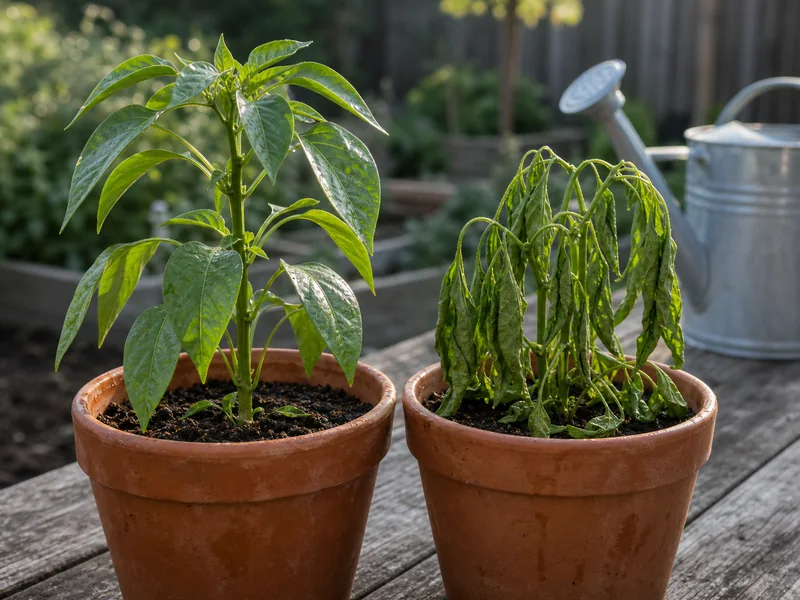 Two container pepper plants compared for morning recovery after wilting