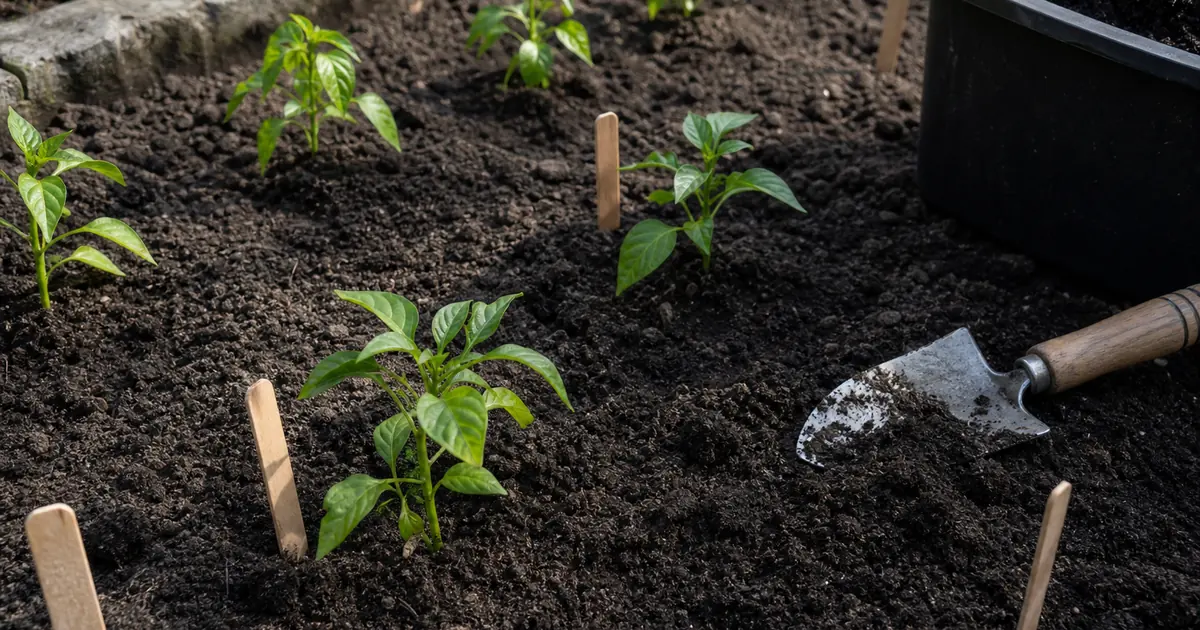 Young pepperoncini transplants spaced in a prepared garden bed